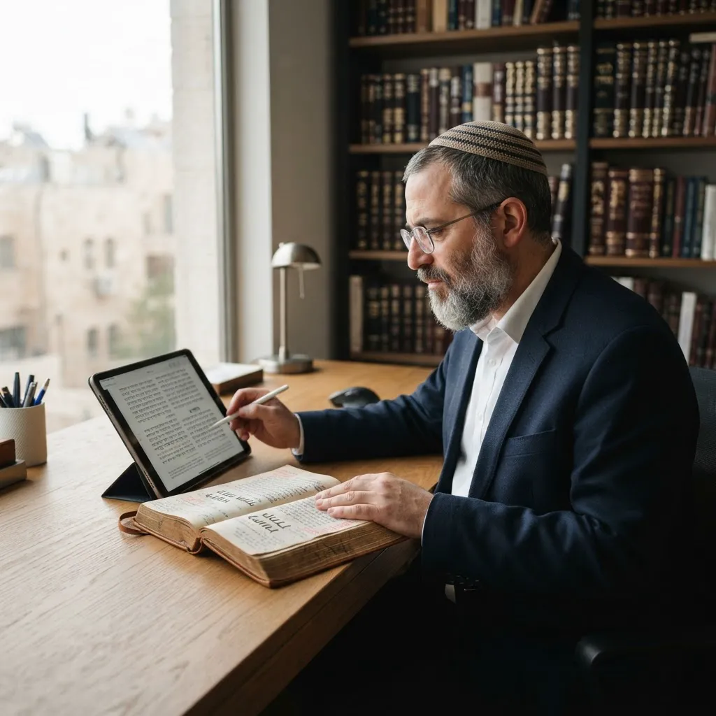 אדם קורא בספר ליקוטי מוהרן באמצעות טאבלט דיגיטלי מתקדם
