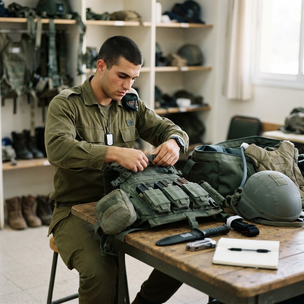חייל מניח ציוד טקטי איכותי על שולחן לפני גיוס
