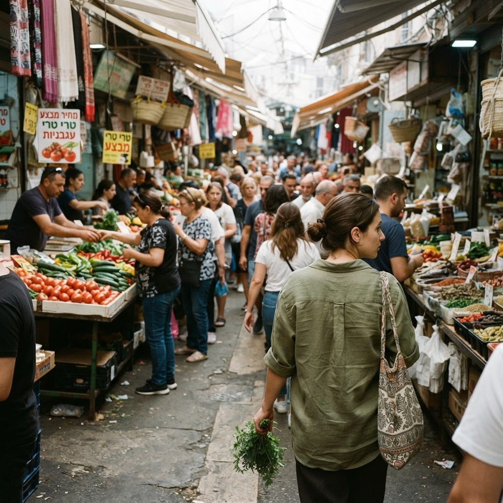 דוכני פירות וירקות טריים בשוק הכרמל במהלך היום
