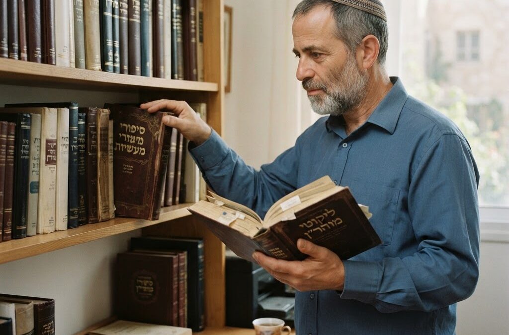 אדם מעיין באוסף ספרי רבי נחמן להעמקה רוחנית אישית