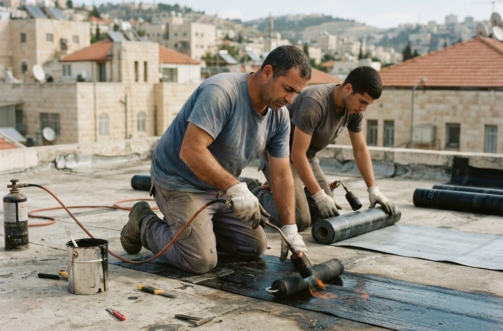 איש מקצוע מניח חומרי איטום על גג מבנה בירושלים