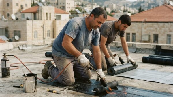 איש מקצוע מניח חומרי איטום על גג מבנה בירושלים